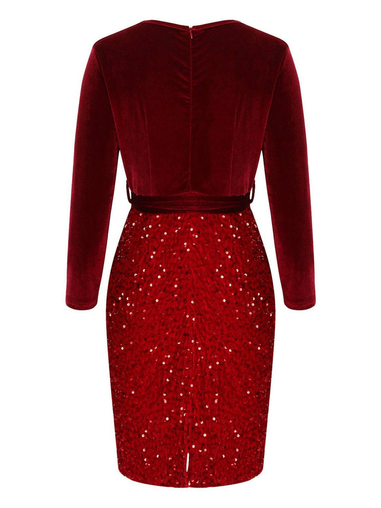 Red 1960s Velvet Sequined Patchwork Pencil Dress