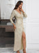 Beige 1920s V-Neck Sequined Slit Dress