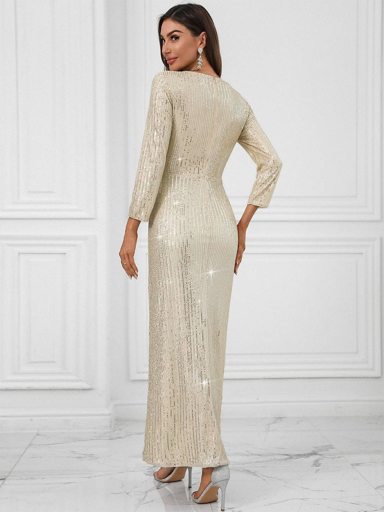 Beige 1920s V-Neck Sequined Slit Dress