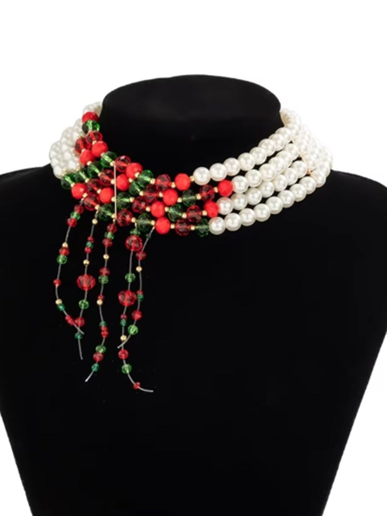 Christmas Multilayer Contrast Pearl Strand Necklace