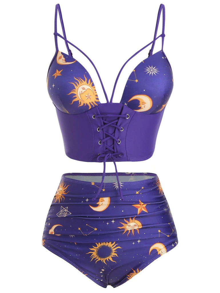 [Pre-Sale] Purple 1940s Sun Moon Stars Lace-Up Swimsuit