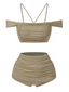 [Pre-Sale] Khaki 1930s Solid Ruched Off-Shoulder Halter Swimsuit