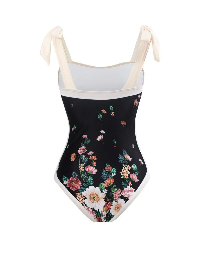 Black 1940s Strap Bow Floral Swimsuit & Cove-Up