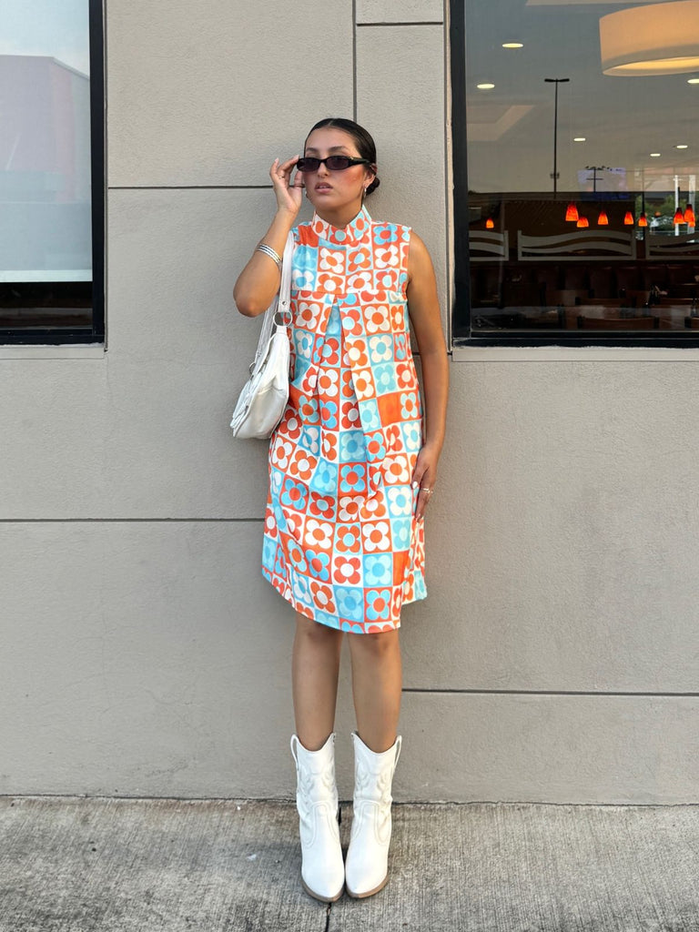 Orange & Blue 1960s Floral Stand Collar Dress