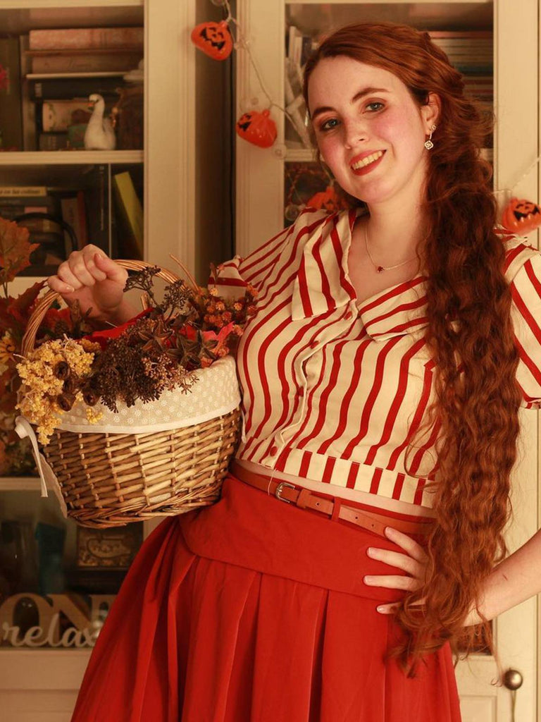 2PCS Orange Red 1950s Striped Blouse & Pleated Skirt