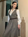 2PCS Grey 1940s V-Neck Plaid Dress & Satin Blouse