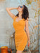 Orange Solid Folds Halter Pencil Dress