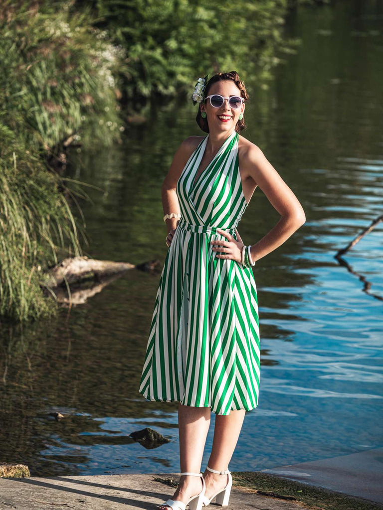 2PCS Green 1950s Stripes Romper & Umbrella Skirt