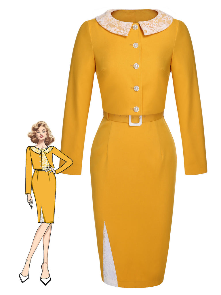 [Pre-Sale] 2PCS Yellow 1960s Solid Lace Belt Dress & Lapel Jacket