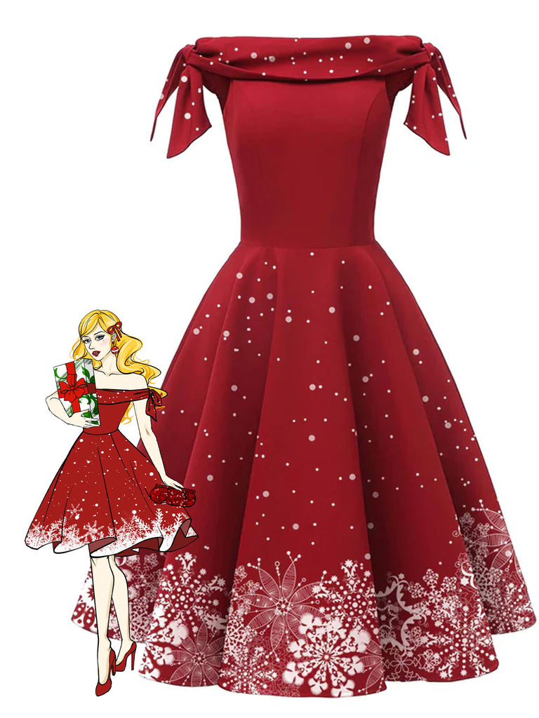 Red 1950s Off-shoulder Snowflake Dress