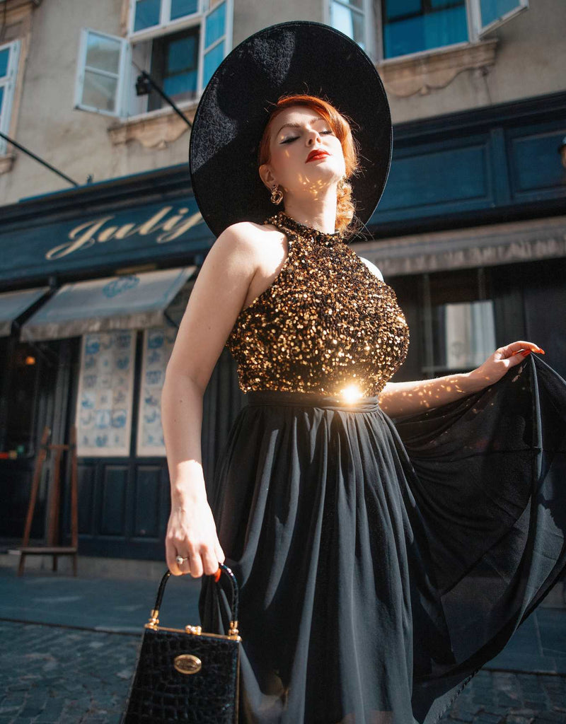 Black 1950s Gold Glitter Patchwork Dress