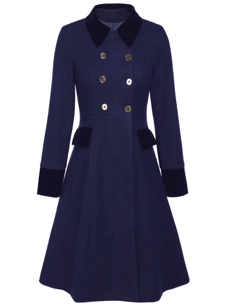 Blue 1940s Solid Button Coat