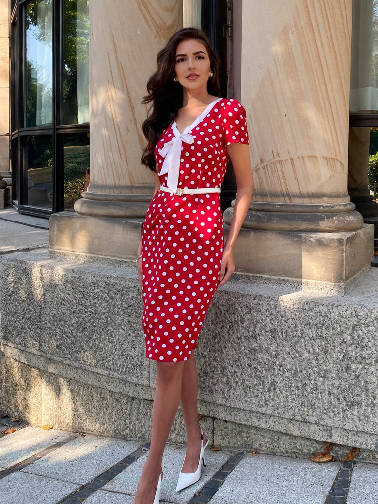 Red 1960s Polka Dots Tie Neck Dress