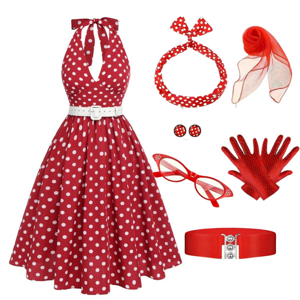 Red 1950s Polka Dot Halter Dress With Accessories Set