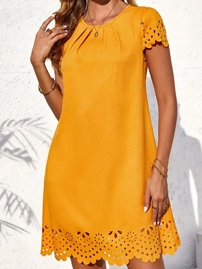 Yellow 1960s Hollow A-Line Solid Dress