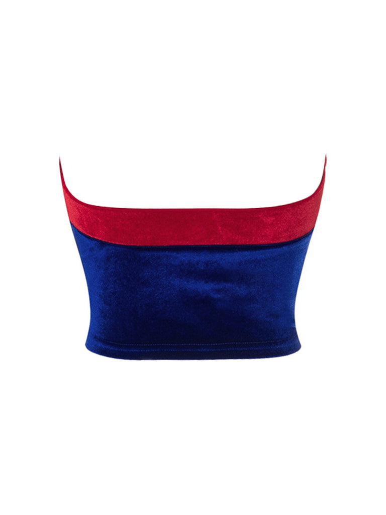 Blue 1970s Velvet Herringbone Snow White Tube Top