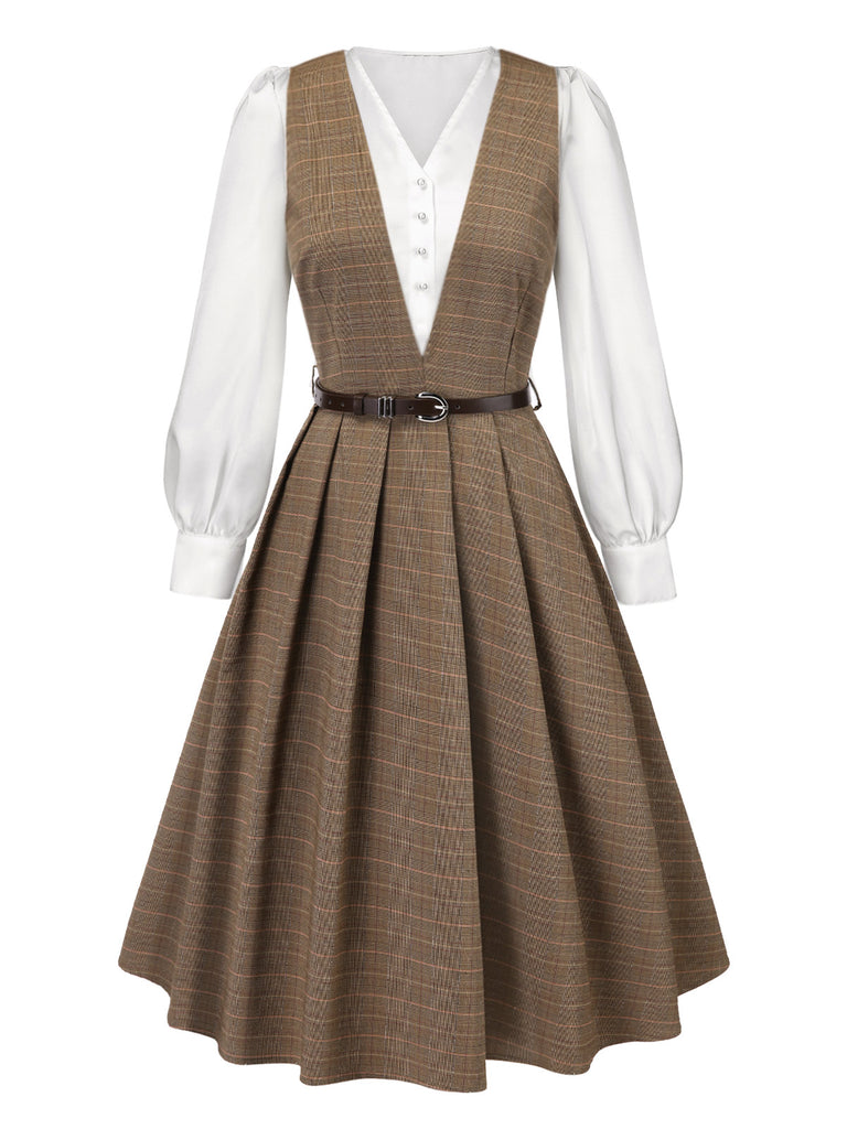 [Pre-Sale] 2PCS Brown 1940s V-Neck Plaid Dress & Satin Blouse