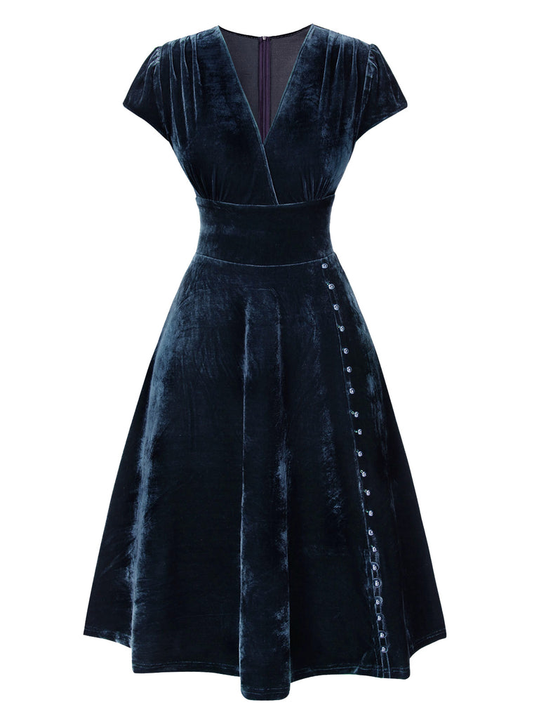 [Pre-Sale] Blue 1940s Deep V-Neck Pearl Velvet Dress