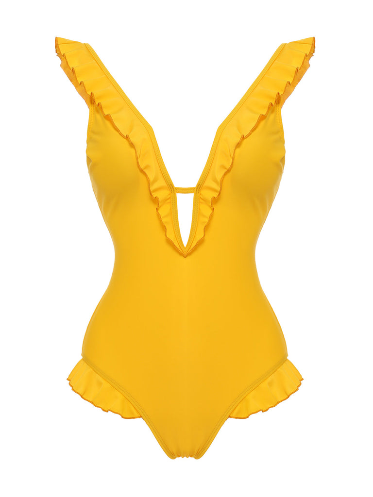 Yellow 1930s V-Neck One-piece Swimsuit