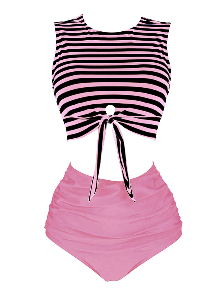 [Pre-Sale] Pink 1970s Striped Waist Tie Patchwork Swimsuit