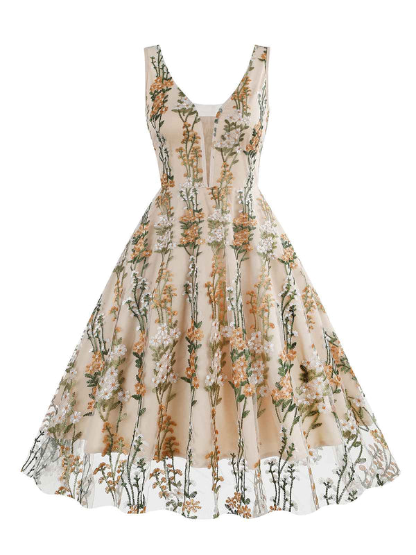 1950s Embroidered Floral V-Neck Swing Dress | Retro Stage