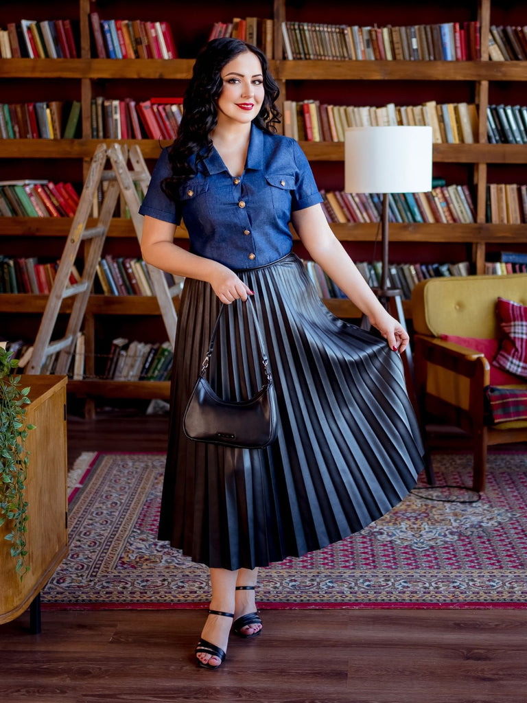 Blue 1940s Solid Button Lapel Blouse