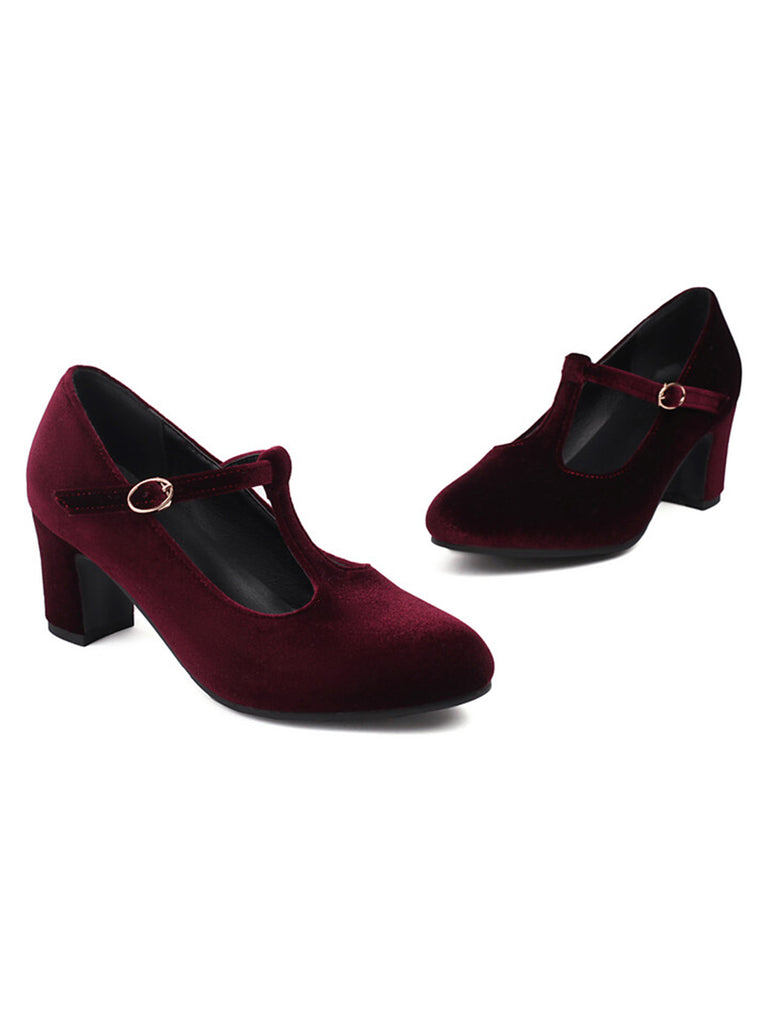 Vintage Velvet T-Strap Chunky Heel Shoes