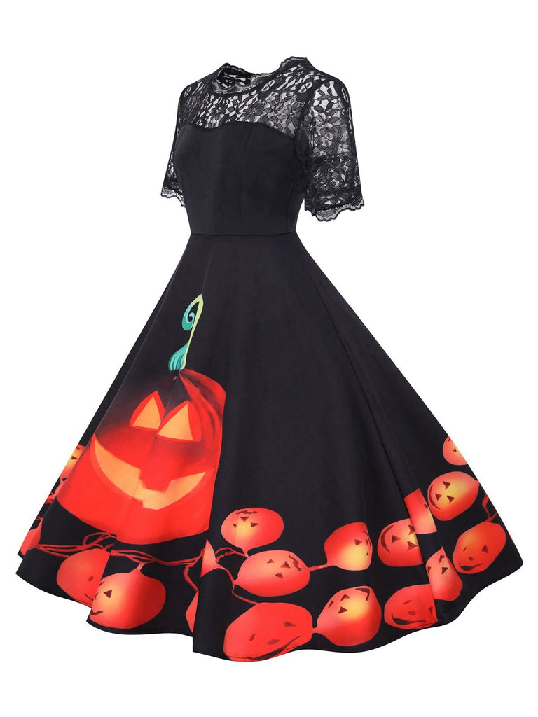 Black 1950s Halloween Lace Sleeves Patchwork Dress