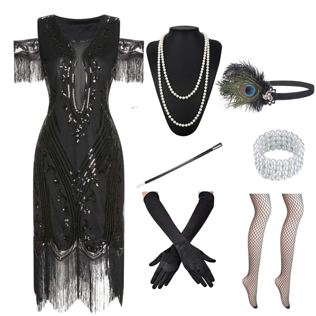 1920s Cold Shoulder Embroidered Fringe Sequins Dress & 6PCS Accessories