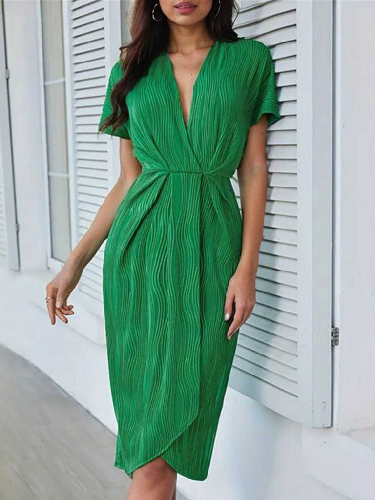 Green 1960s V-Neck Ripple Solid Dress