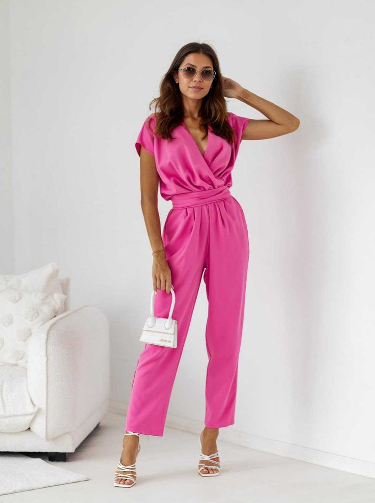 1960s V-Neck Belted Solid Jumpsuit