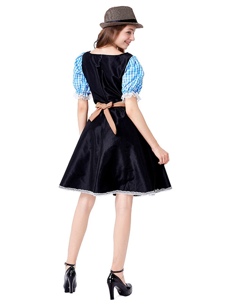 2PCS Blue 1950s Oktoberfest Gingham Puff Lace Dress with Apron