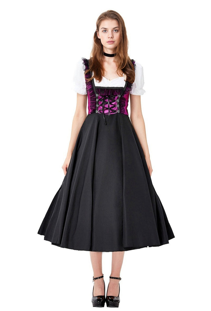 2PCS Purple 1950s Oktoberfest Puff Sleeves Dress with Apron