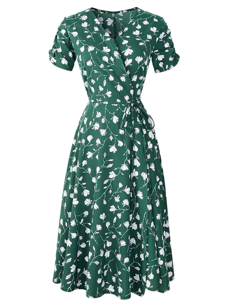 Green 1940s V-Neck Floral Dress