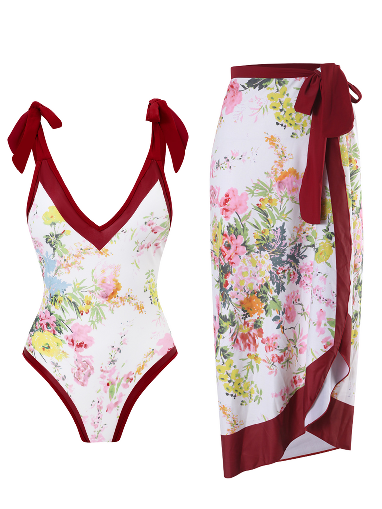 1950s V-Neck Flowers Lacing Swimsuit & Cover Up