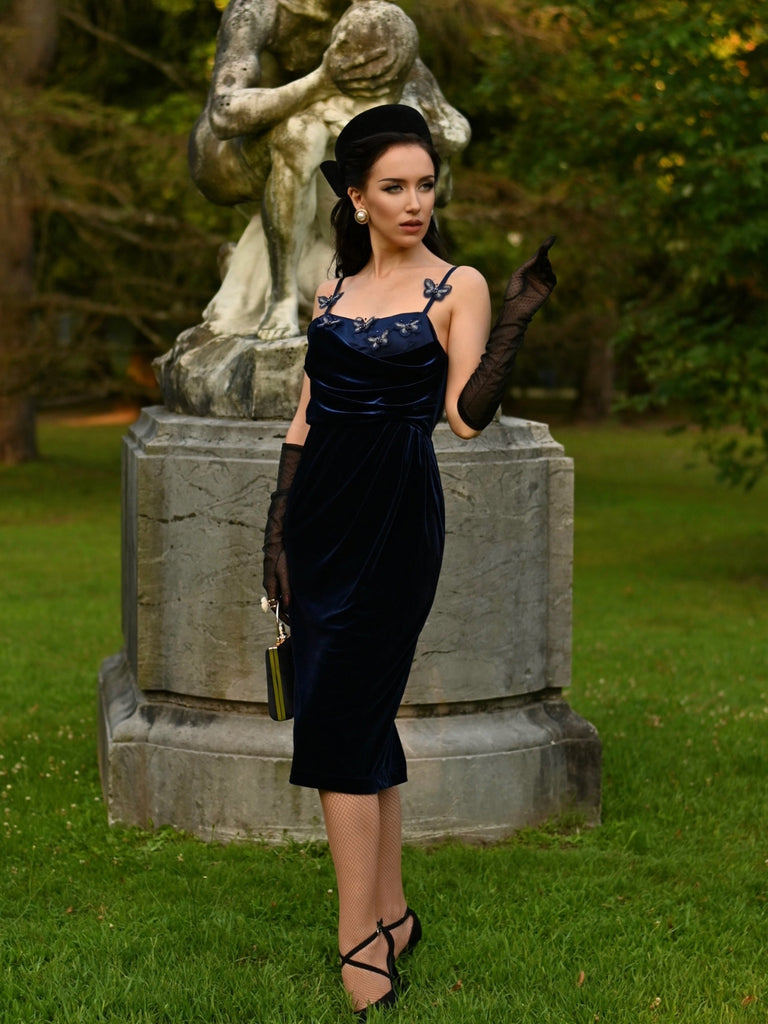 Blue 1960s 3D Butterfly Velvet Pencil Dress