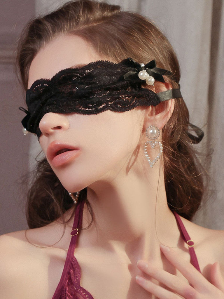 See-Through Pearl Decor Lace Eye Mask