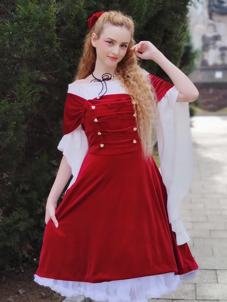 Wine Red 1950s Heart Button Solid Dress