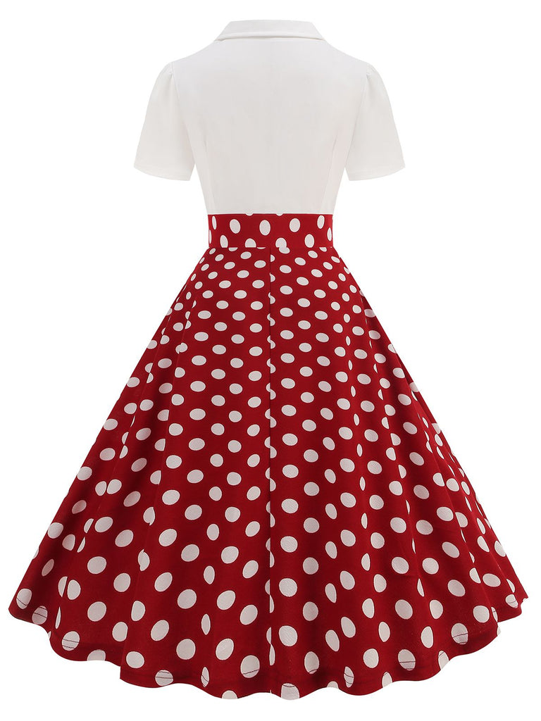 1950s Lapel Polka Dots Patchwork Swing Dress