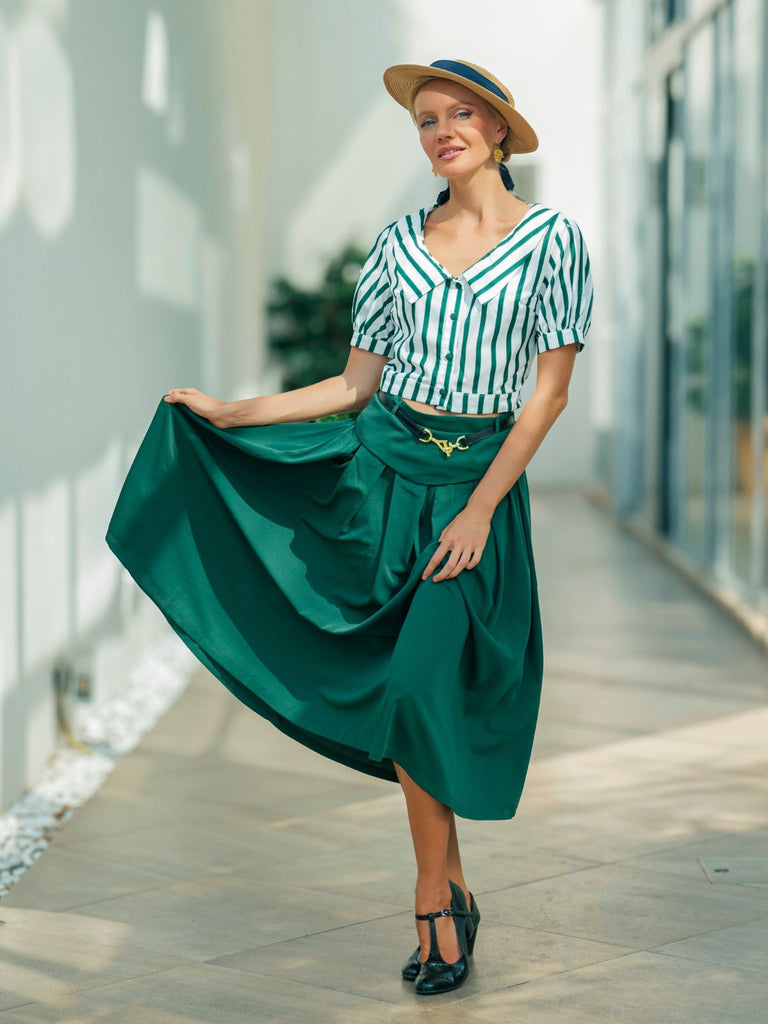 2PCS Green 1950s Striped Blouse & Pleated Skirt