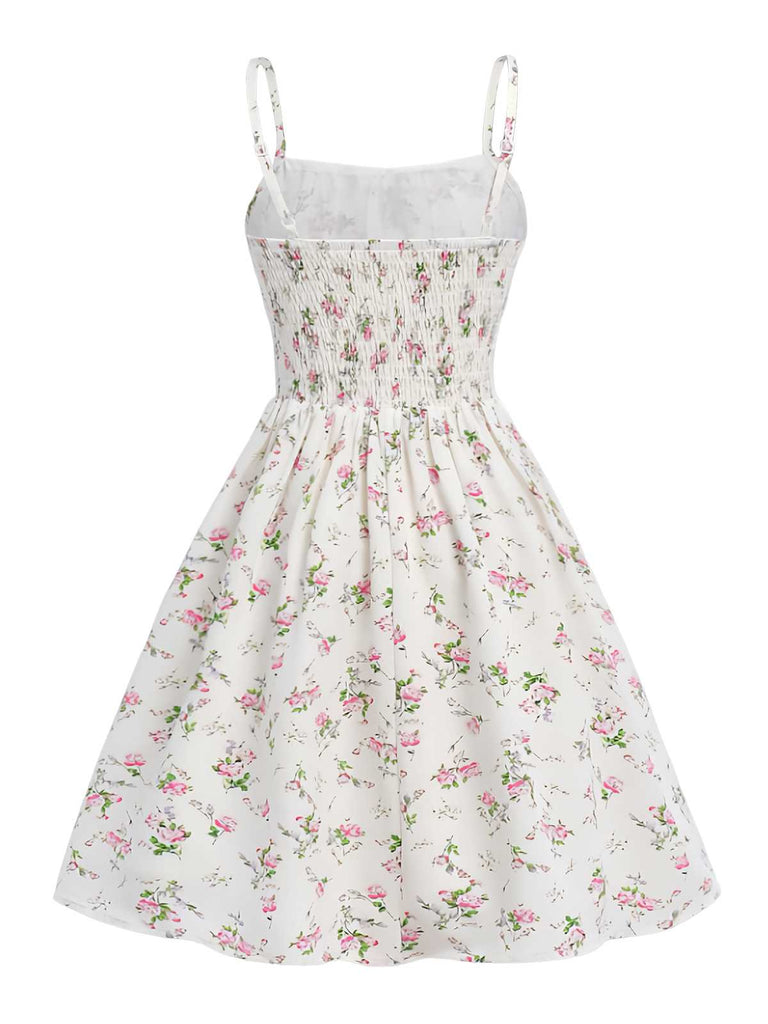 White 1950s Spaghetti Strap Floral A-Line Dress