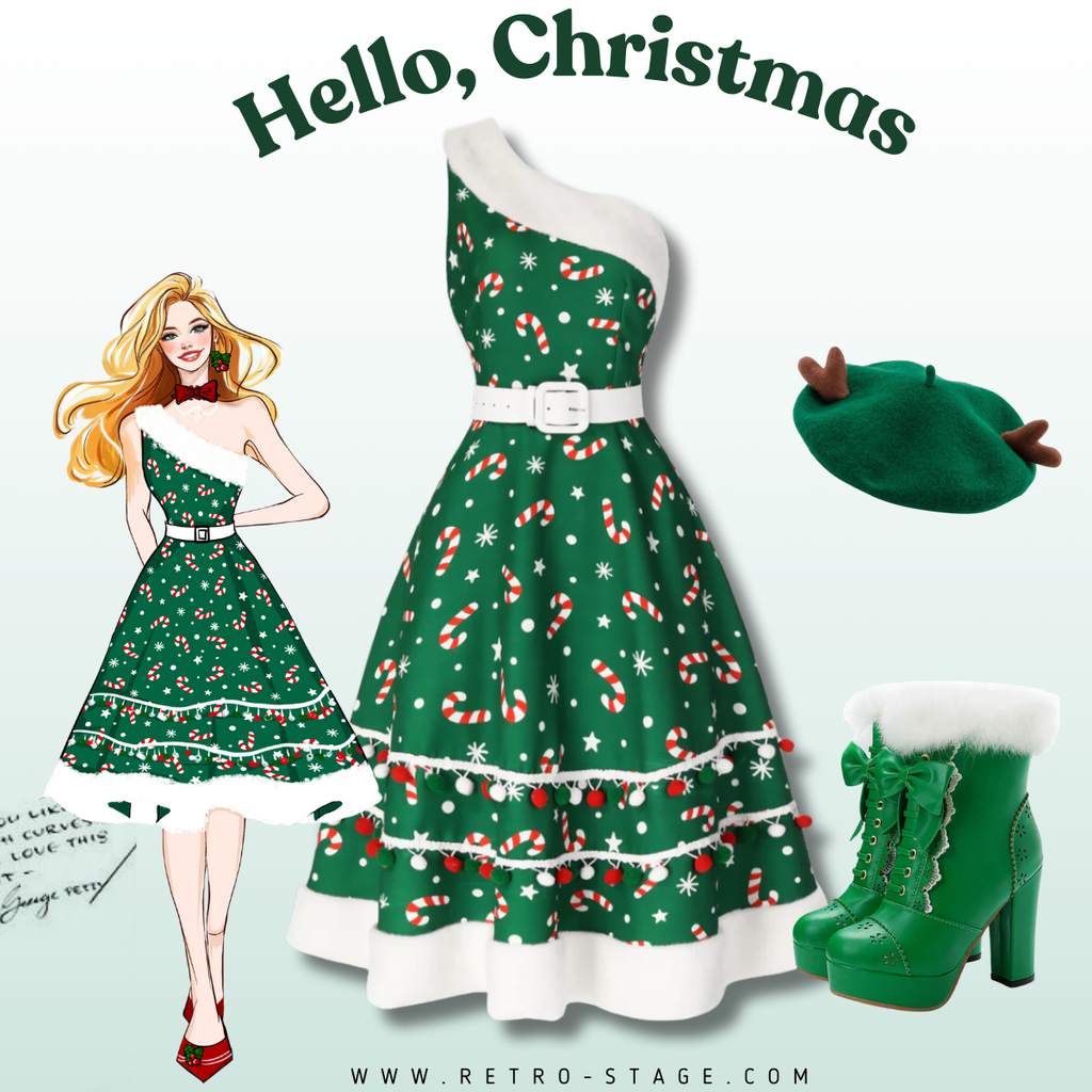 Green 1950s Candy Cane One-Shoulder Dress