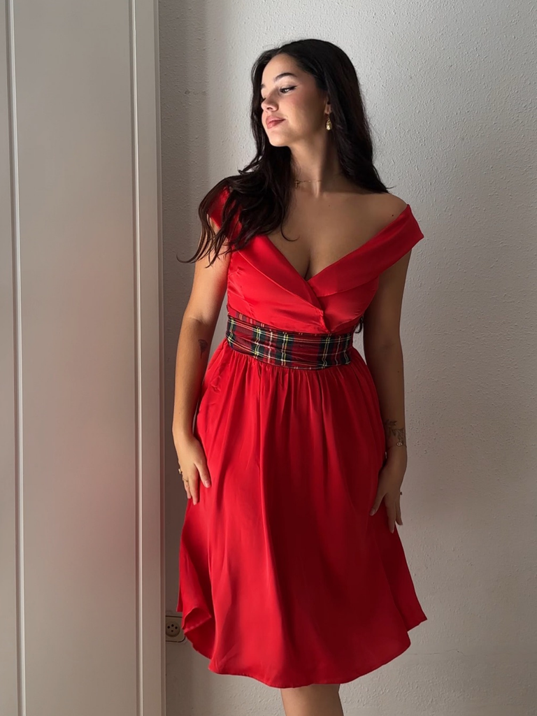 Red 1950s Christmas Plaids Off-Shoulder Dress