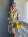 Yellow & Blue 1960s Floral Stand Collar Dress