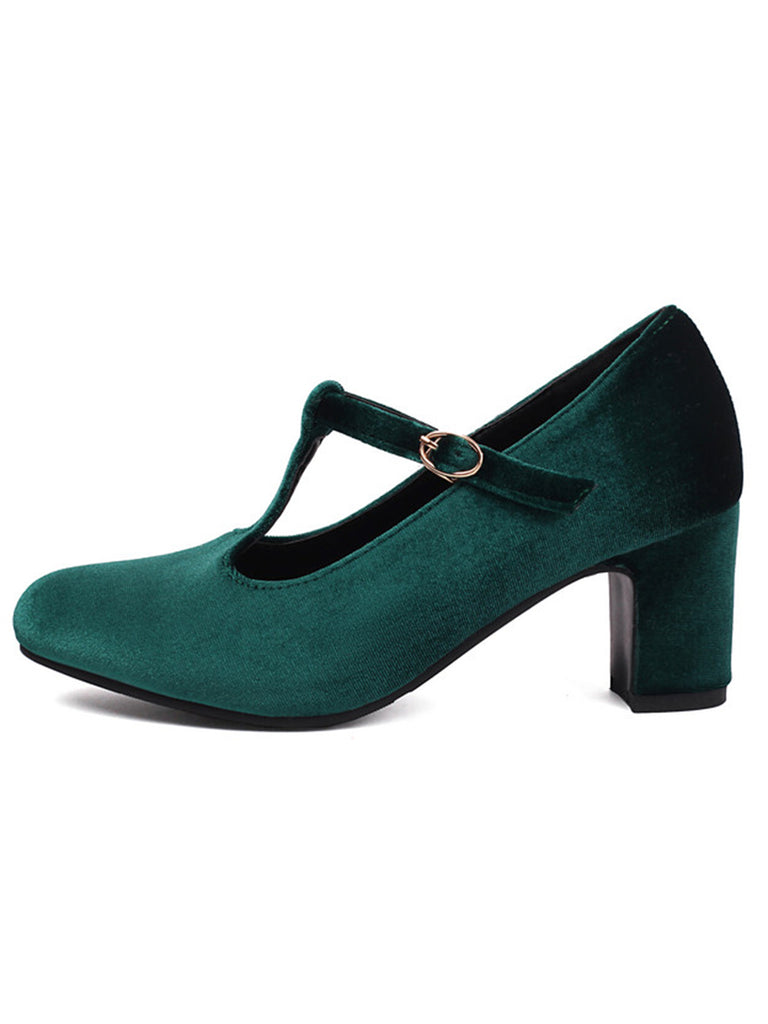 Vintage Velvet T-Strap Chunky Heel Shoes