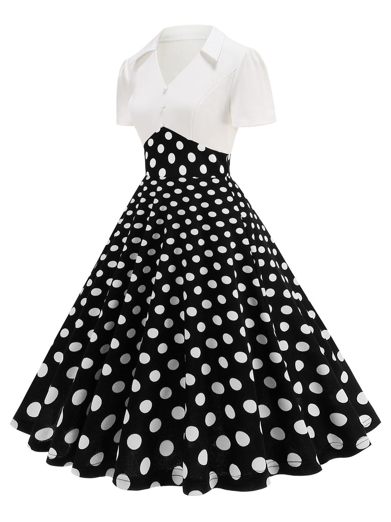 1950s Lapel Polka Dots Patchwork Swing Dress