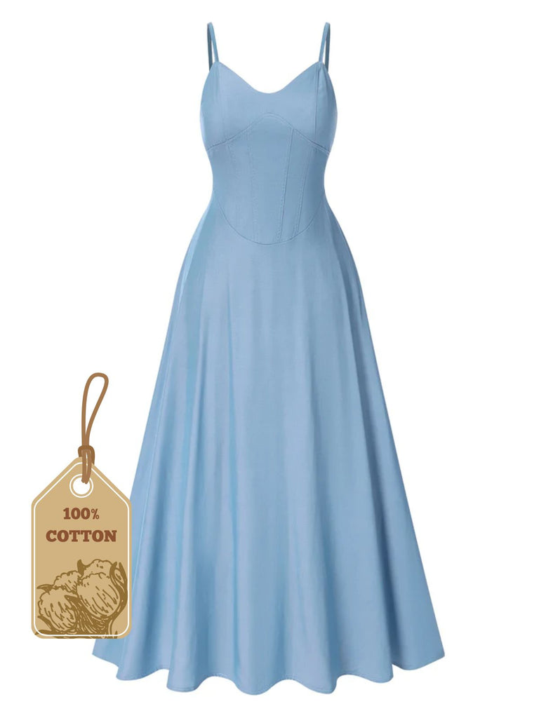 Light Blue 1930s Solid Straps Cotton Dress