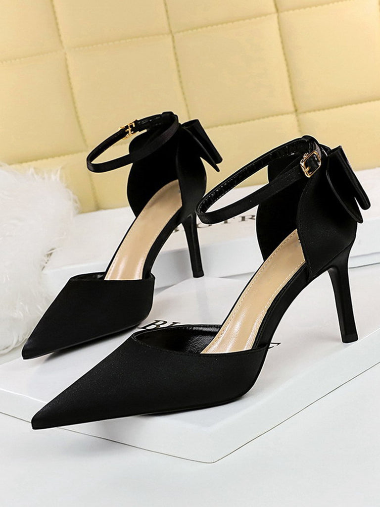 Pointed Toe Bow Strap Satin High Heels Shoes