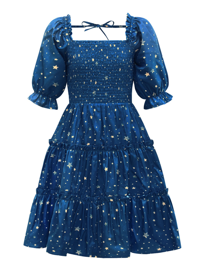 Blue 1950s Christmas Starry Sky Cake Lantern Parent-Child Dress