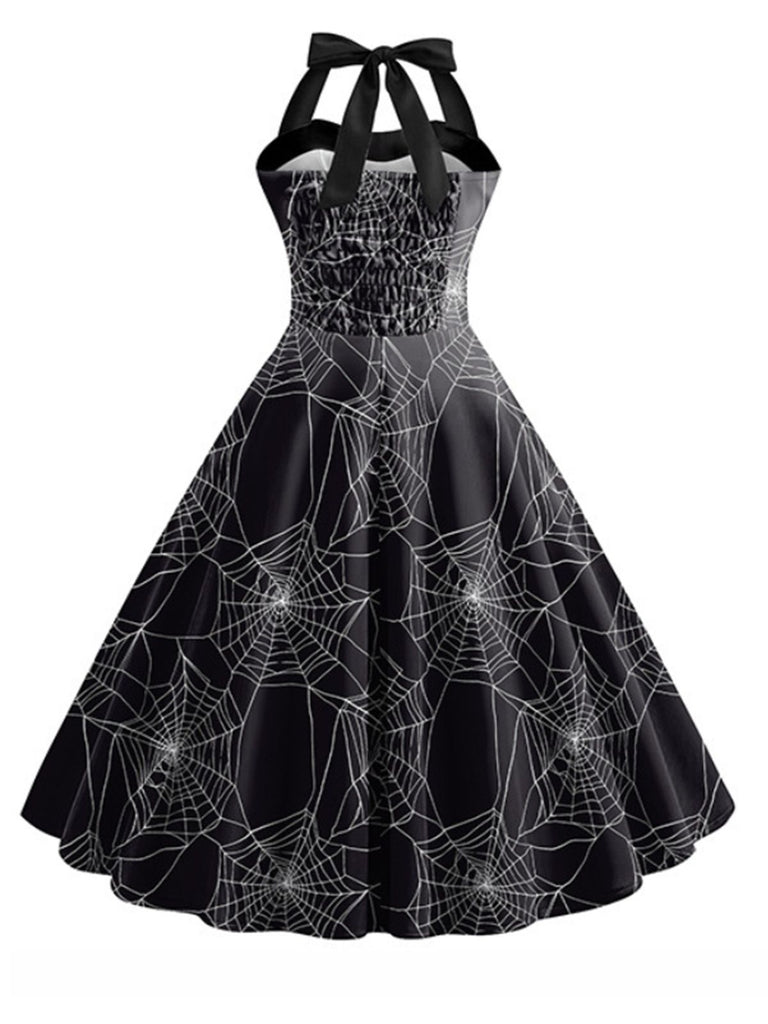 Black 1950s Halloween Spider Web Halter Dress – Retro Stage - Chic ...